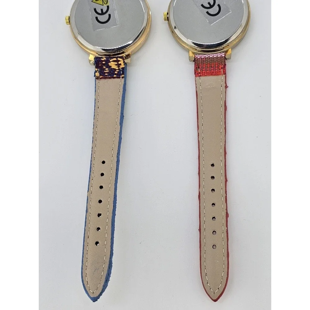 2X Women Watch 38MM Multicolor‎ Dial Multicolor Leather Fabric Bands NEW Battery